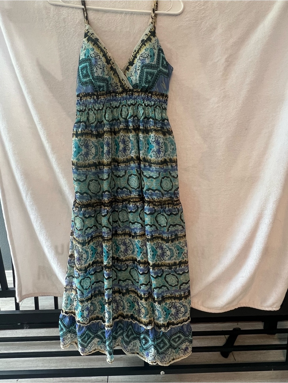 Blue Patterned Maxi Dress with Smocked Waist